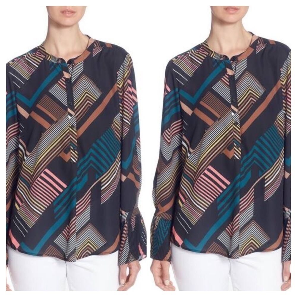 Catherine Malandrino Black Satin Print Blouse Sz M